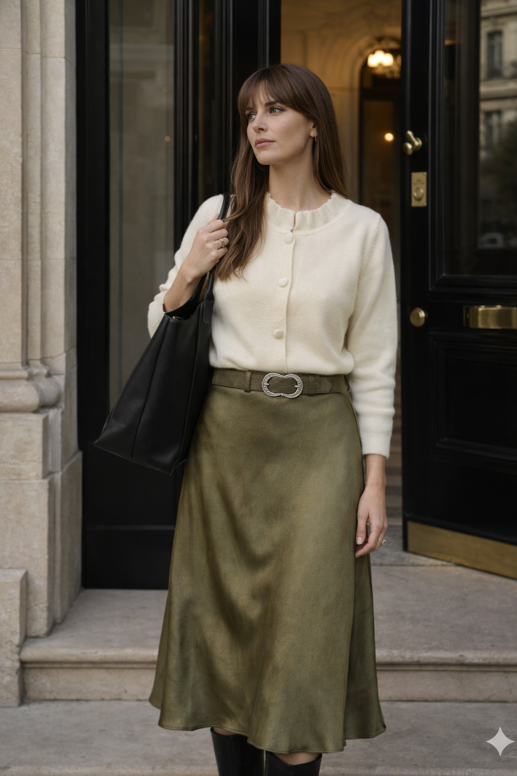 Jupe longue Anna satin vert olive portée avec gilet crème - coupe fluide bohème chic - An'ge
