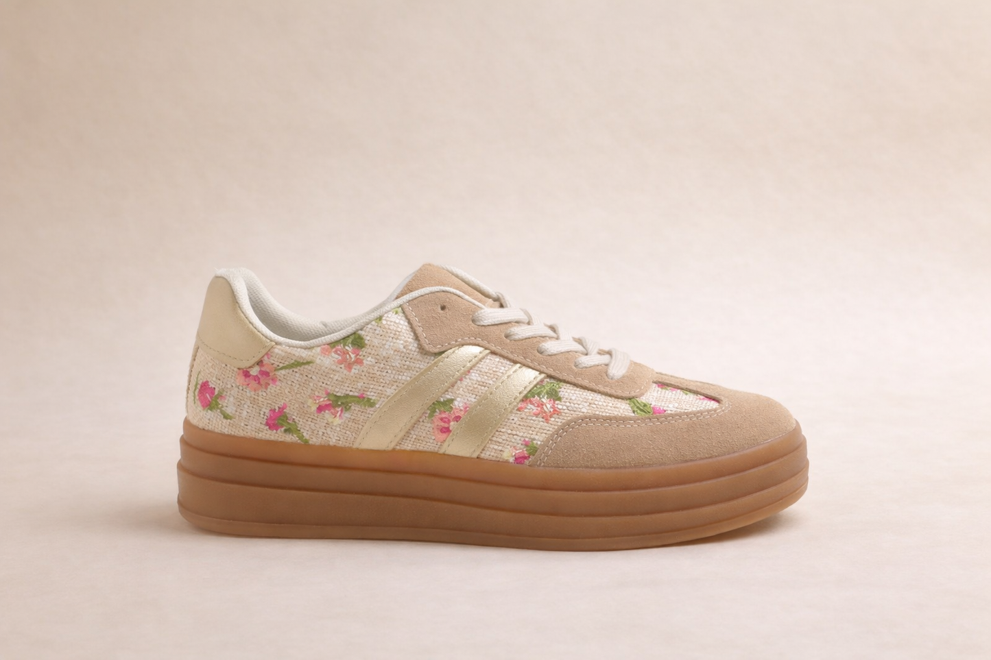 Baskets Romane liberty profil plateforme, cuir et tissu fleuri romantique espagnol