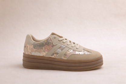 Baskets Stella beige profil plateforme, cuir toile et sequins glamour espagnol