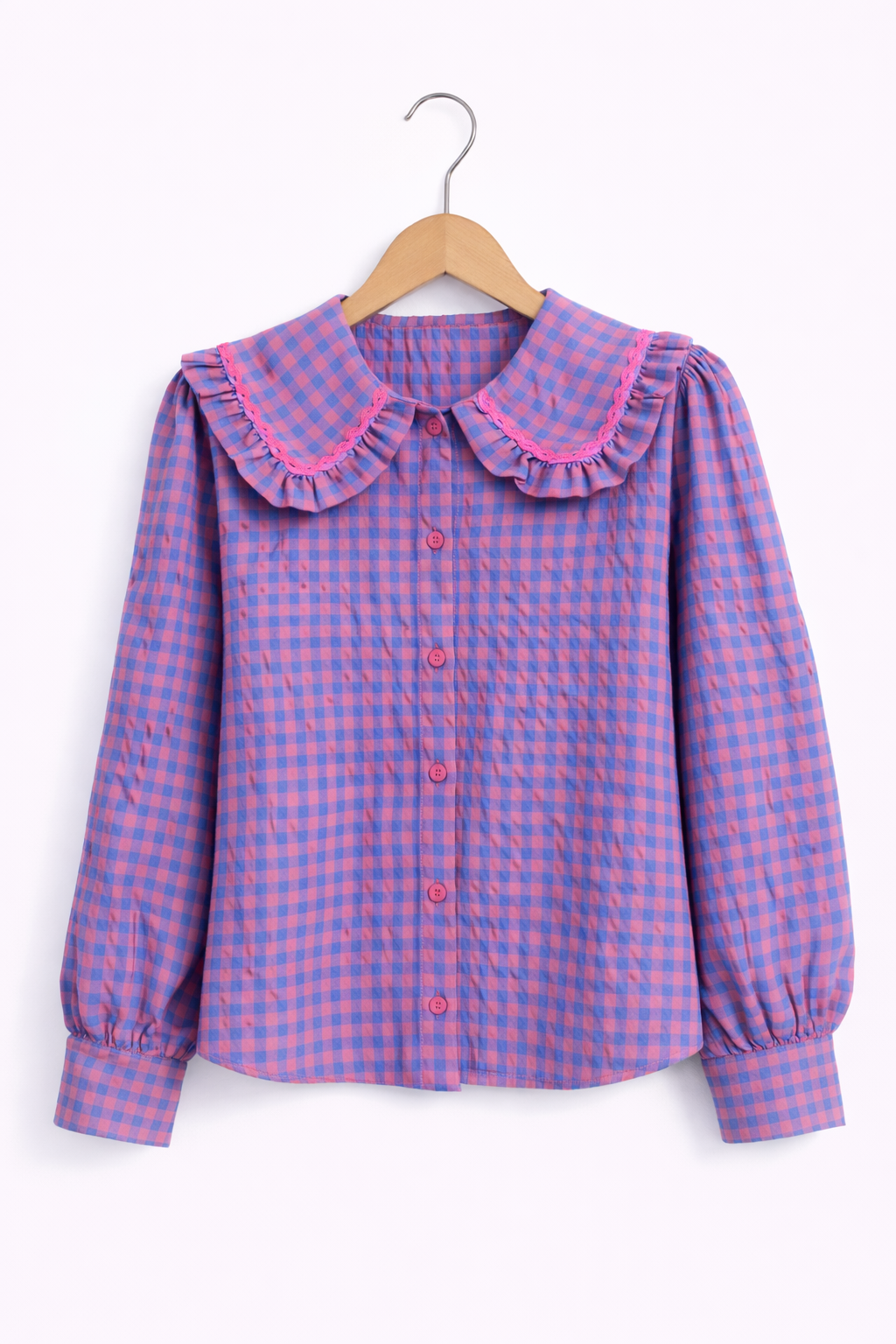 Chemisier femme Elina vichy rose bleu col claudine romantique 65% coton - Emma & Ashley
