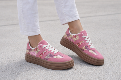 Baskets Stella rose profil plateforme, cuir toile et sequins glamour espagnol