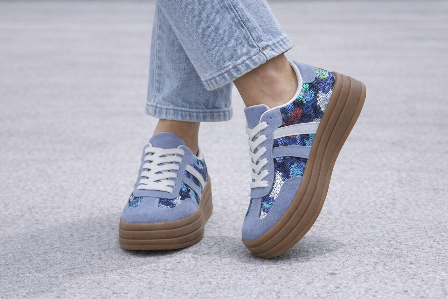  Baskets Stella bleu profil plateforme, cuir toile et sequins glamour espagnol
