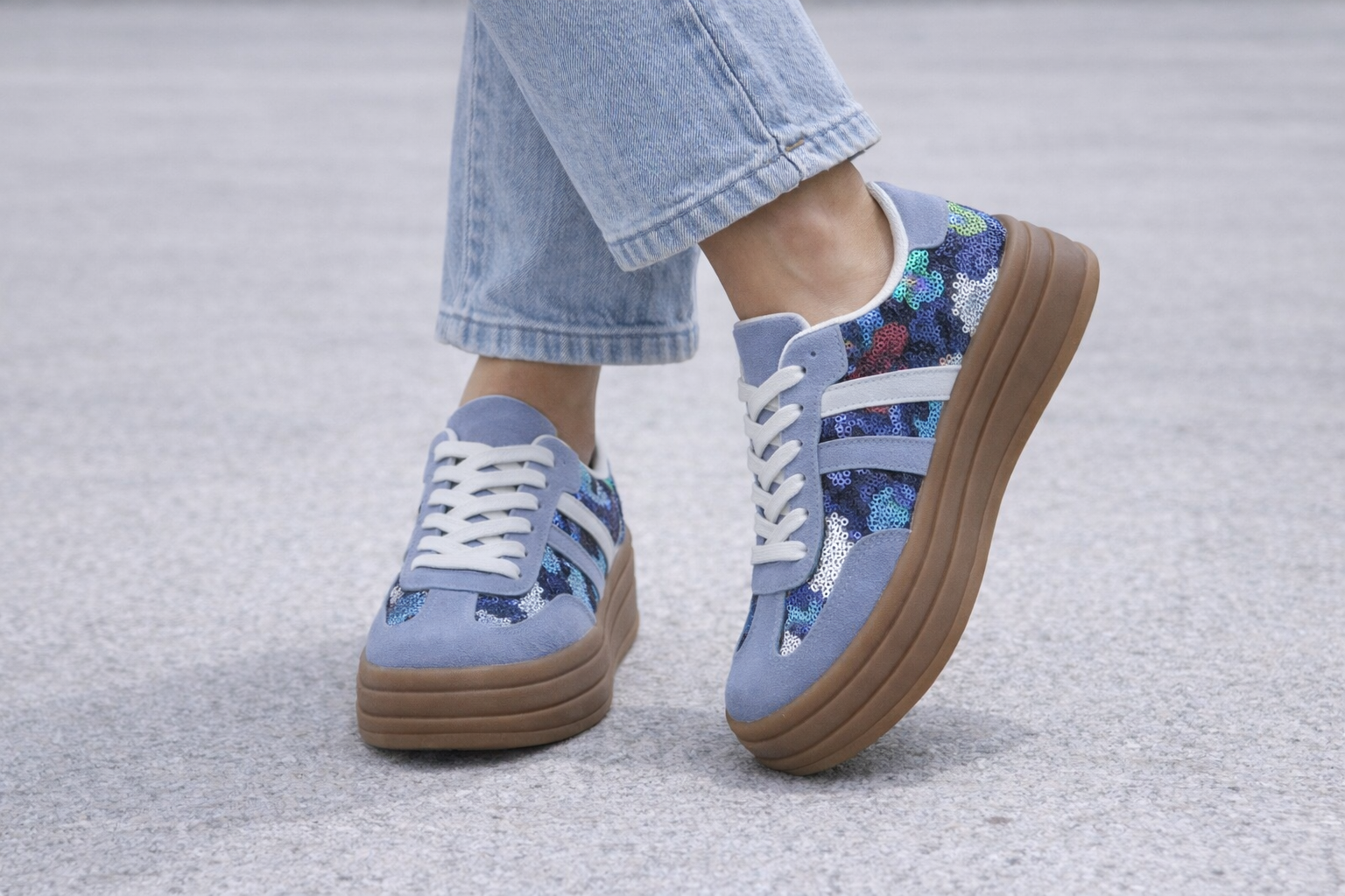  Baskets Stella bleu profil plateforme, cuir toile et sequins glamour espagnol