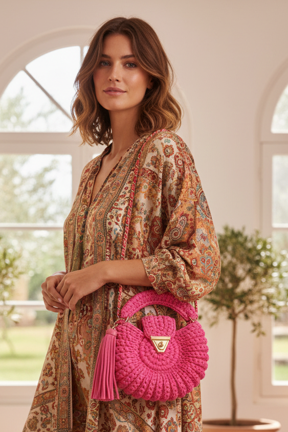 Sac Amaya fuchsia porté en bandoulière avec chaîne dorée, look détendu vibrant