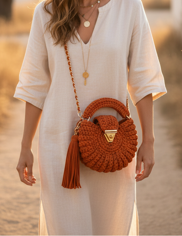 Sac Amaya mandarine porté en bandoulière avec chaîne dorée, look décontracté énergisant