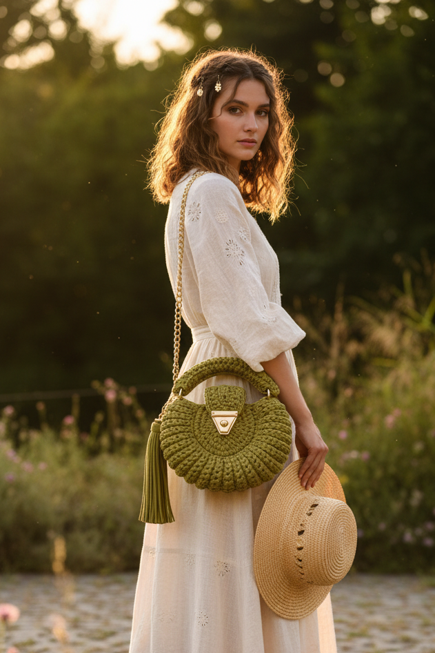 Sac Amaya olive porté en bandoulière avec chaîne dorée, look décontracté naturel