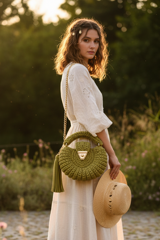 Sac Amaya olive porté en bandoulière avec chaîne dorée, look décontracté naturel