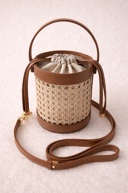 Sac seau Kelly marron paille tressée avec finitions cuir, fabrication italienne