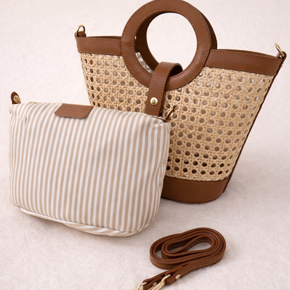 Pochette intérieure amovible avec fermeture éclair du sac Alizée cognac, tissu beige ou rayures