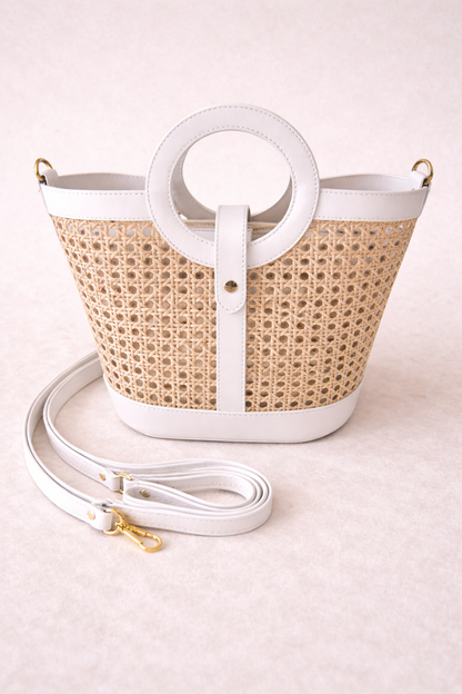 Sac Alizée blanc en paille de Vienne et cuir de veau, fait main Florence artisanal italien