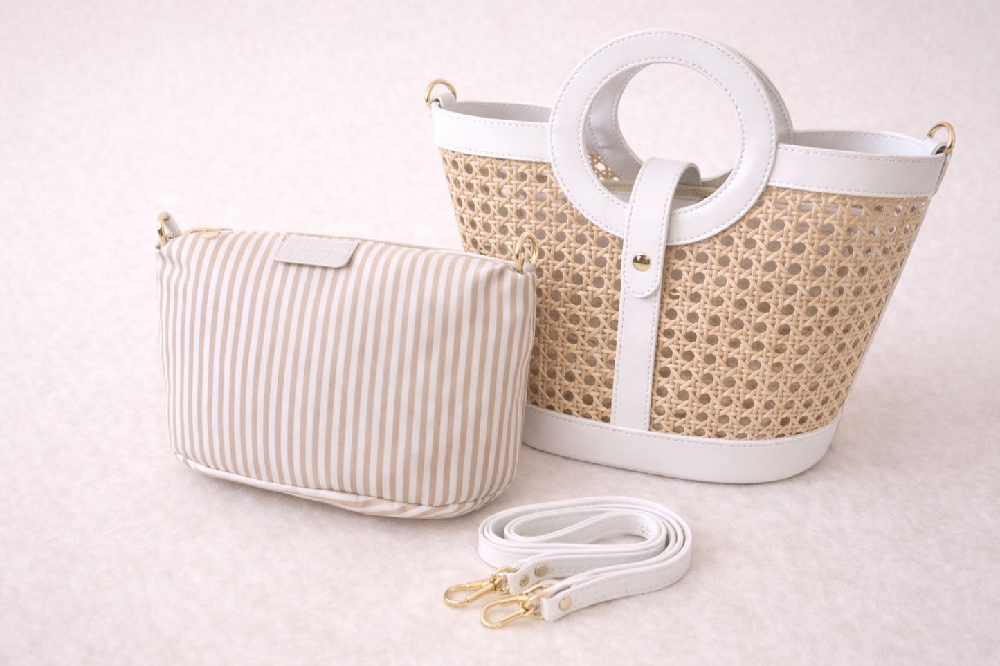 Pochette intérieure amovible avec fermeture éclair du sac Alizée blanc, tissu beige ou rayures