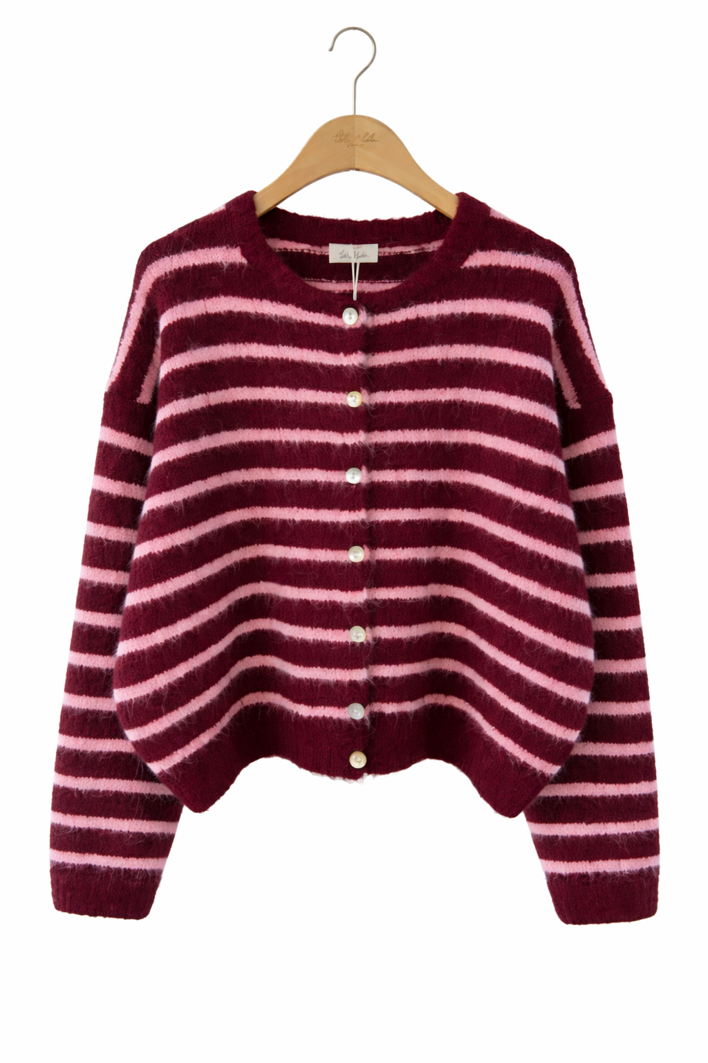 vue face Gilet femme Clémence oversize rayé bordeaux rose maille douce recyclée - Lili&lala
