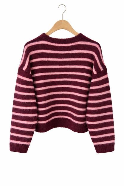 vus dos Gilet femme Clémence oversize rayé bordeaux rose maille douce recyclée - Lili&lala
