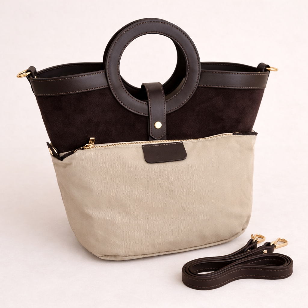  Sac Gabrielle chocolat porté - Daim et cuir de veau avec pochette amovible
