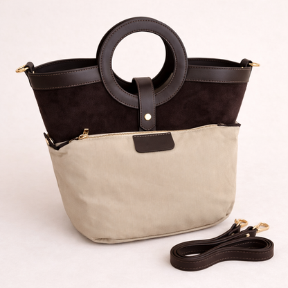  Sac Gabrielle chocolat porté - Daim et cuir de veau avec pochette amovible