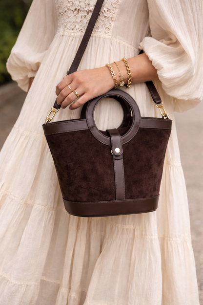 Sac Gabrielle chocolat en daim et cuir de veau - Fait main à Florence - Made in Italy