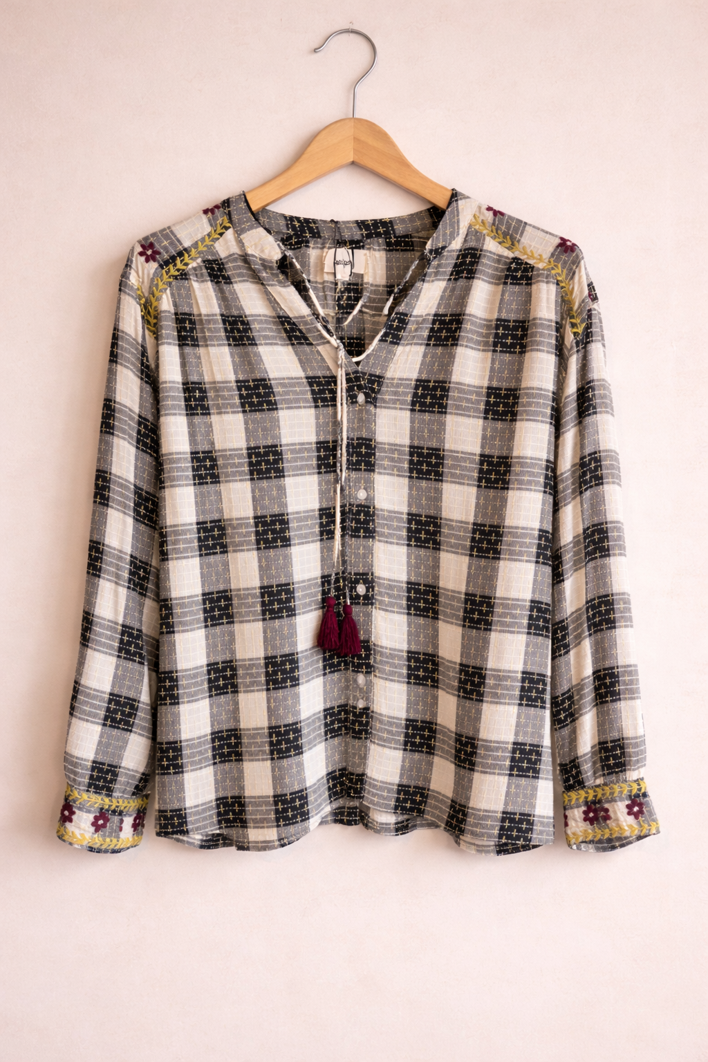 Vue d'ensemble blouse Caroline - Coton damier et broderies colorées style hippie chic An'ge
