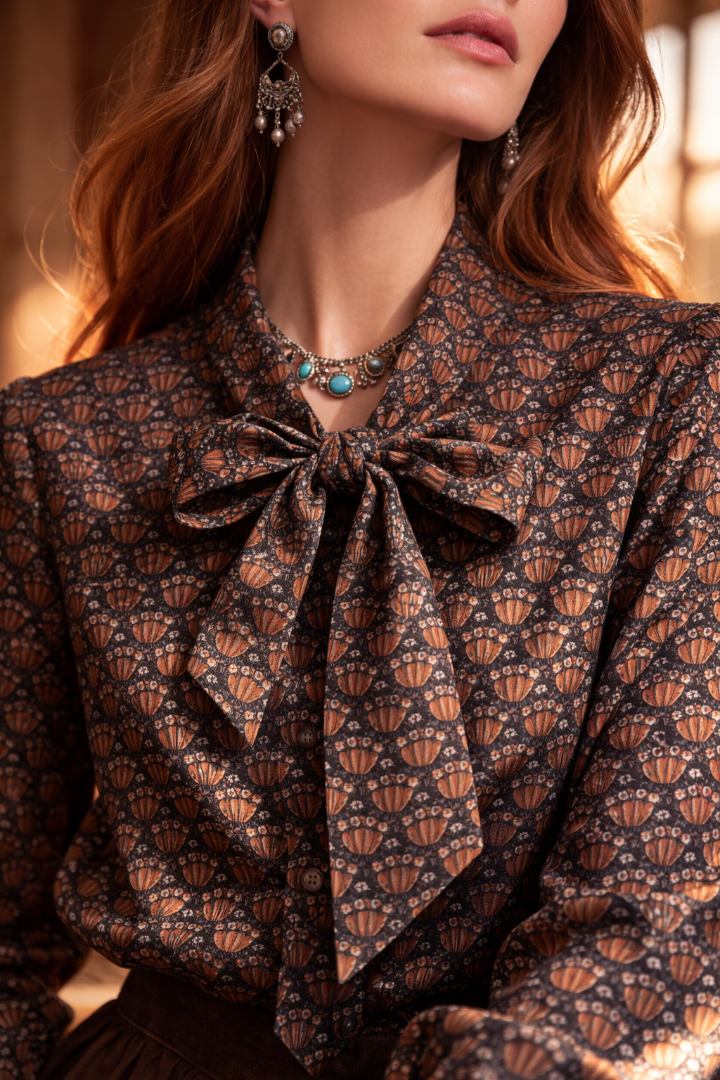  Blouse Isadora col lavallière imprimé brun - 100% coton - Lily Rose
