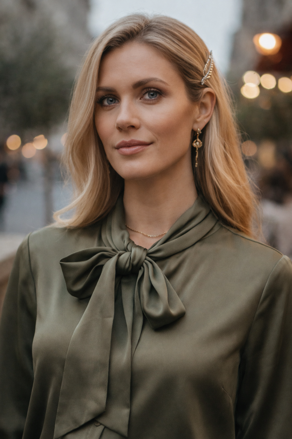 Blouse Sophie portée - Satin kaki fluide et boutonnage intégral