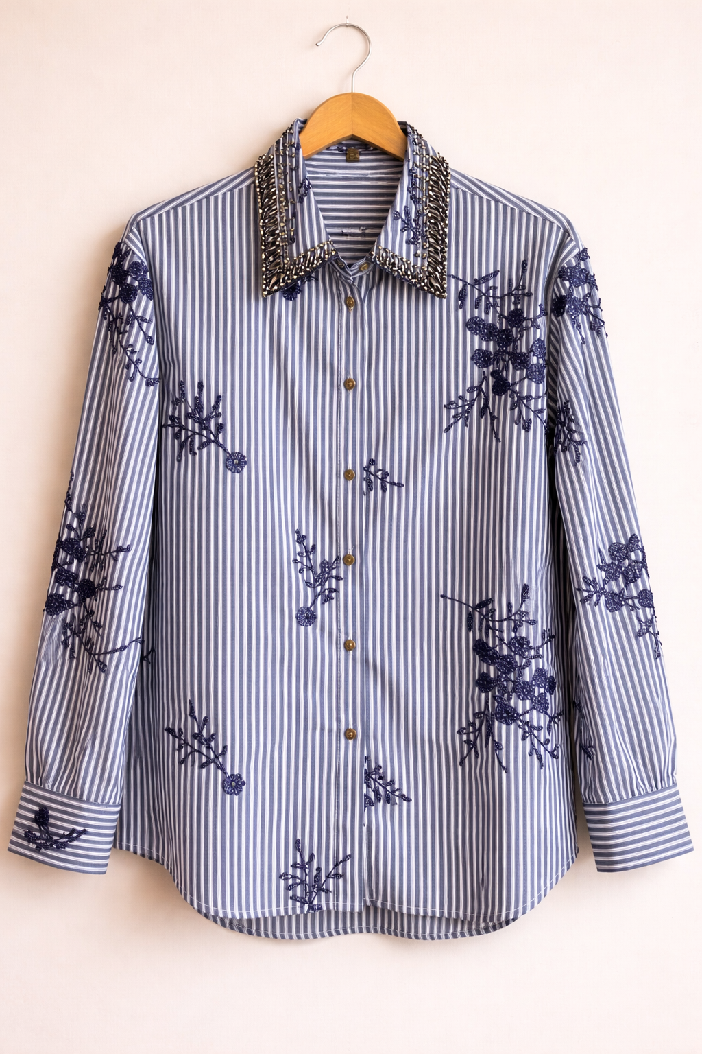 Vue d'ensemble chemise Morgane - Coupe ample rayures marine et broderies précieuses Golden Days