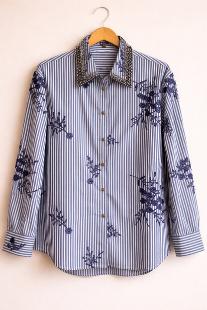 Vue d'ensemble chemise Morgane - Coupe ample rayures marine et broderies précieuses Golden Days