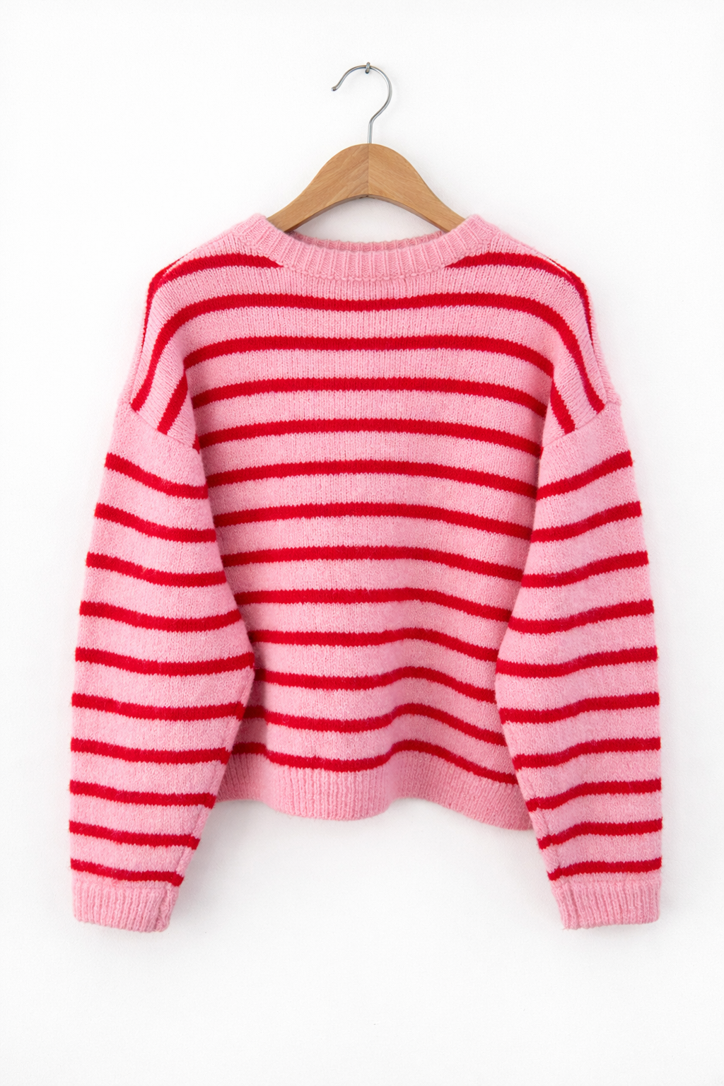 vue dos - Gilet femme Clémence oversize rayé rose bonbon rouge coquelicot maille douce - Kilky
