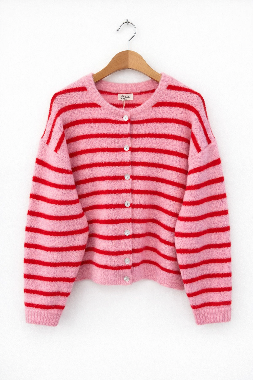 vue face - Gilet femme Clémence oversize rayé rose bonbon rouge coquelicot maille douce - Kilky
