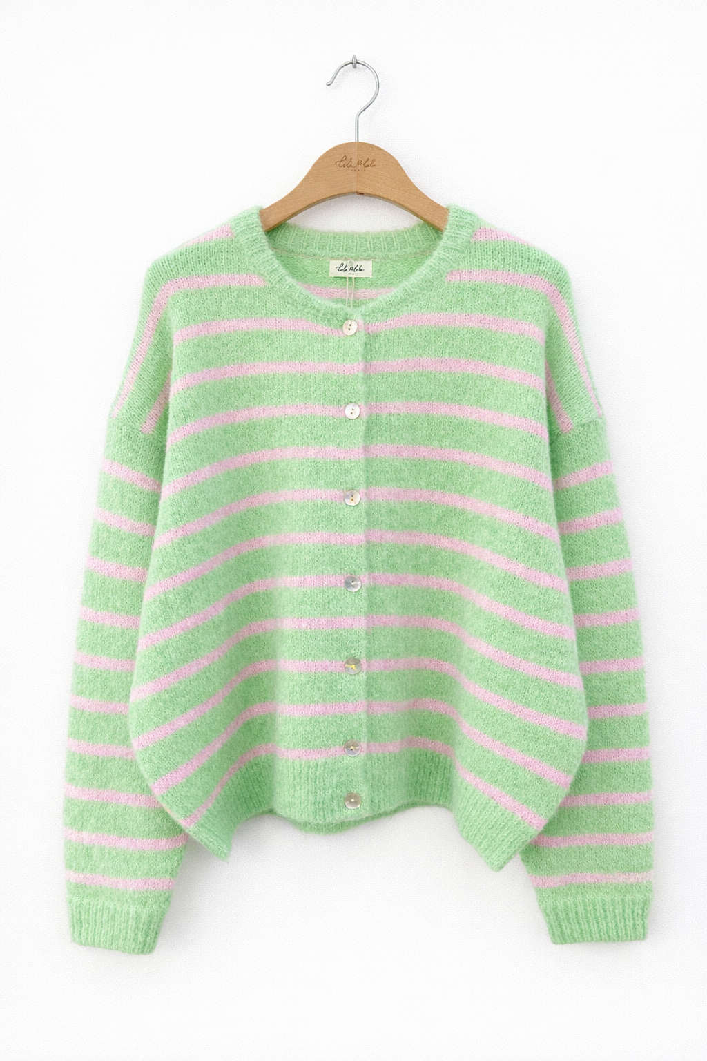 vue face - Gilet femme Clémence oversize rayé vert amande rose guimauve maille douce - Lili&lala
