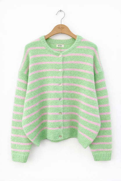 vue face - Gilet femme Clémence oversize rayé vert amande rose guimauve maille douce - Lili&lala
