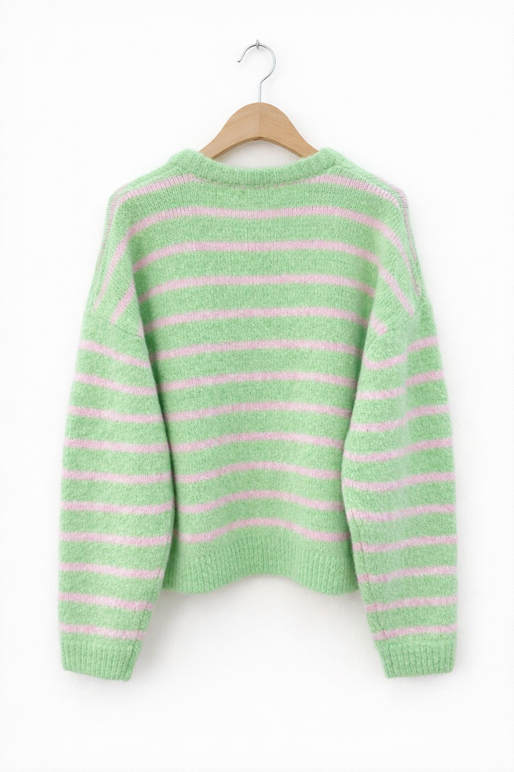 vue dos - Gilet femme Clémence oversize rayé vert amande rose guimauve maille douce - Lili&lala
