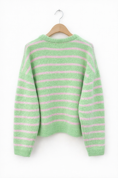 vue dos - Gilet femme Clémence oversize rayé vert amande rose guimauve maille douce - Lili&lala
