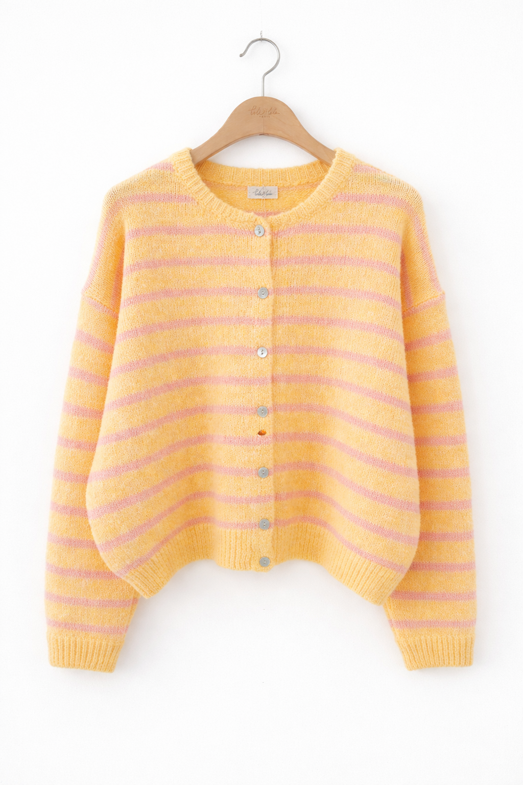vue de face Gilet femme Clémence oversize rayé citron rose bonbon maille douce vitaminée - Lili&lala
