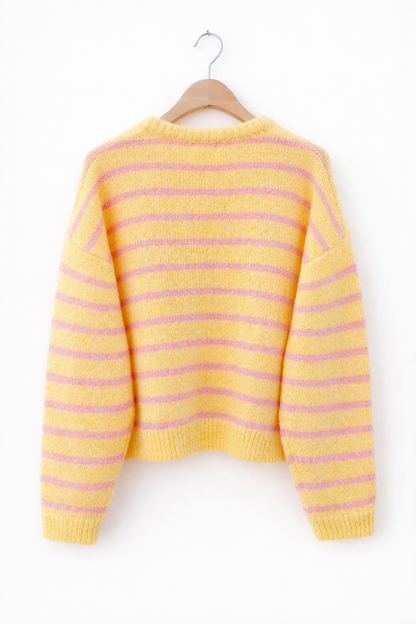 vue de dos Gilet femme Clémence oversize rayé citron rose bonbon maille douce vitaminée - Lili&lala

