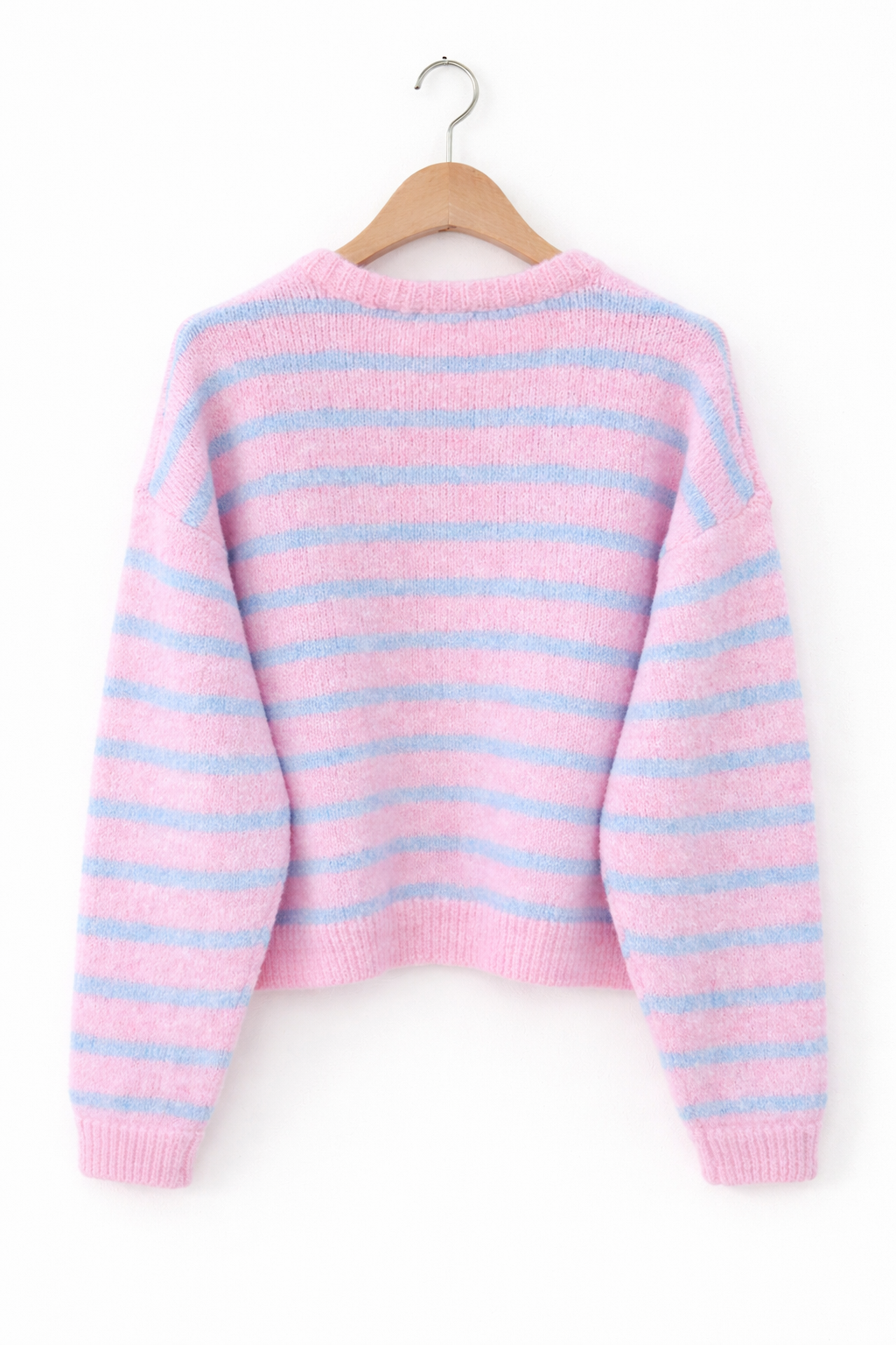 vue dos - Gilet femme Clémence oversize rose poudré rayures azur maille douce - Lili&lala
