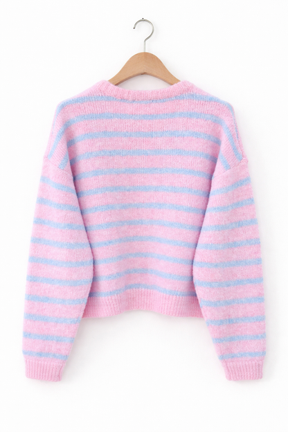 vue dos - Gilet femme Clémence oversize rose poudré rayures azur maille douce - Lili&lala
