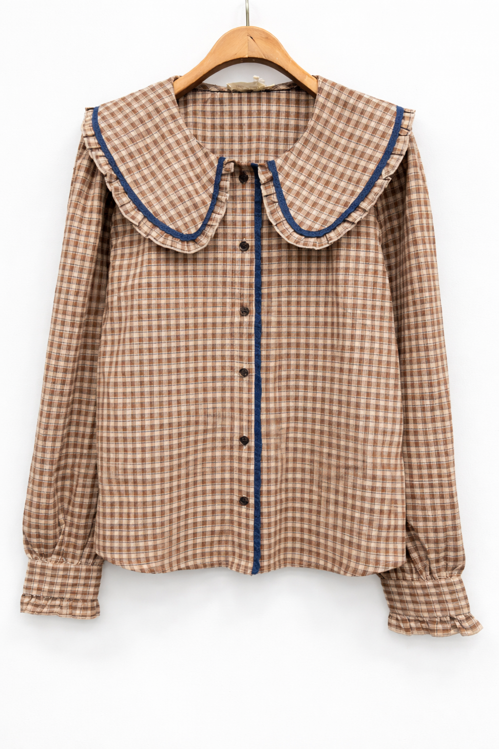 vue face Chemisier femme Elise vichy café beige col claudine XXL feston marine 100% coton - Lili&lala
