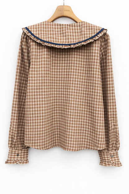 vue dos Chemisier femme Elise vichy café beige col claudine XXL feston marine 100% coton - Lili&lala
