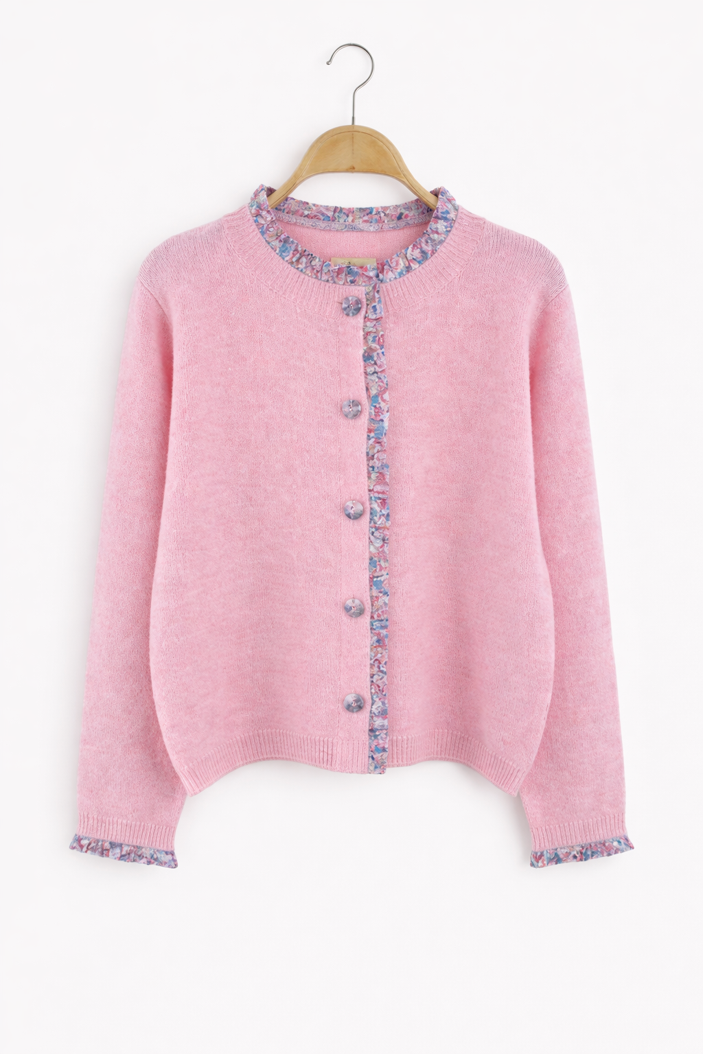 vue face Gilet femme Adélaïde rose poudré col volanté fleuri détails romantiques - It Hippie
