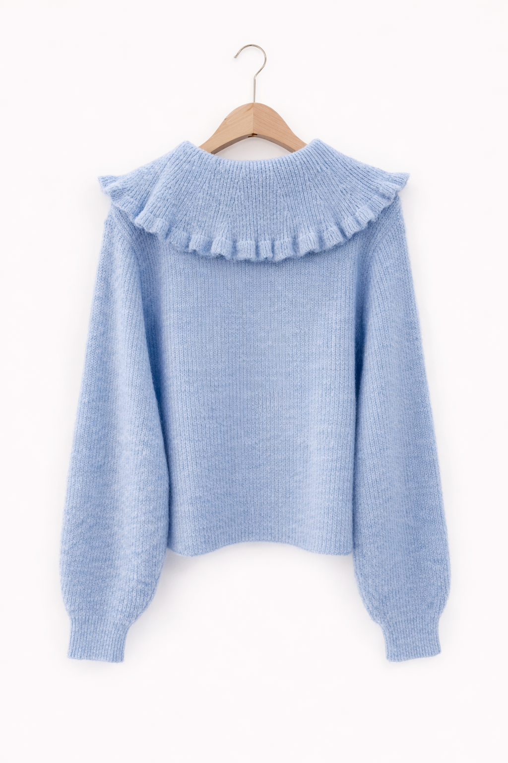 vue de dos Gilet femme Léonie bleu ciel col XXL volanté lien maille douce recyclée - Lili&lala
