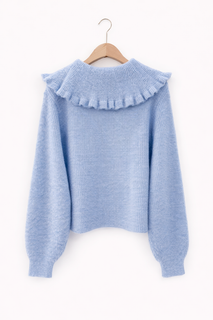 vue de dos Gilet femme Léonie bleu ciel col XXL volanté lien maille douce recyclée - Lili&lala
