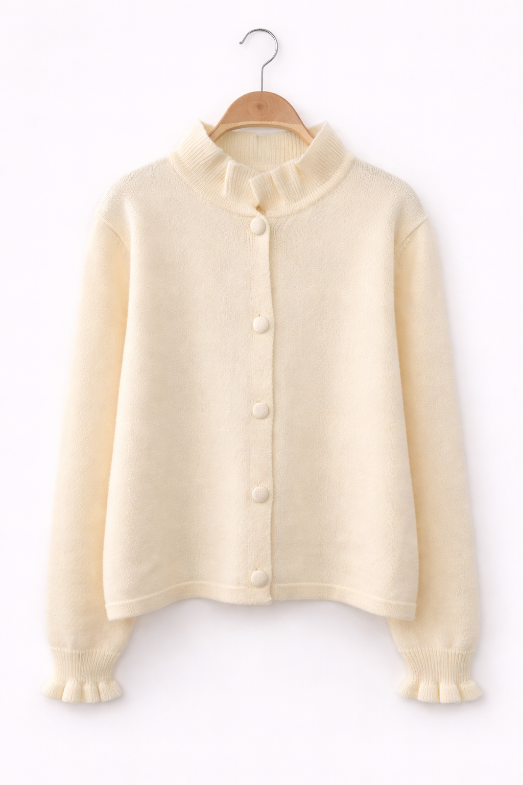 vue de face Gilet femme Célia crème vanille col montant volanté contrasté maille douce - It Hippie
