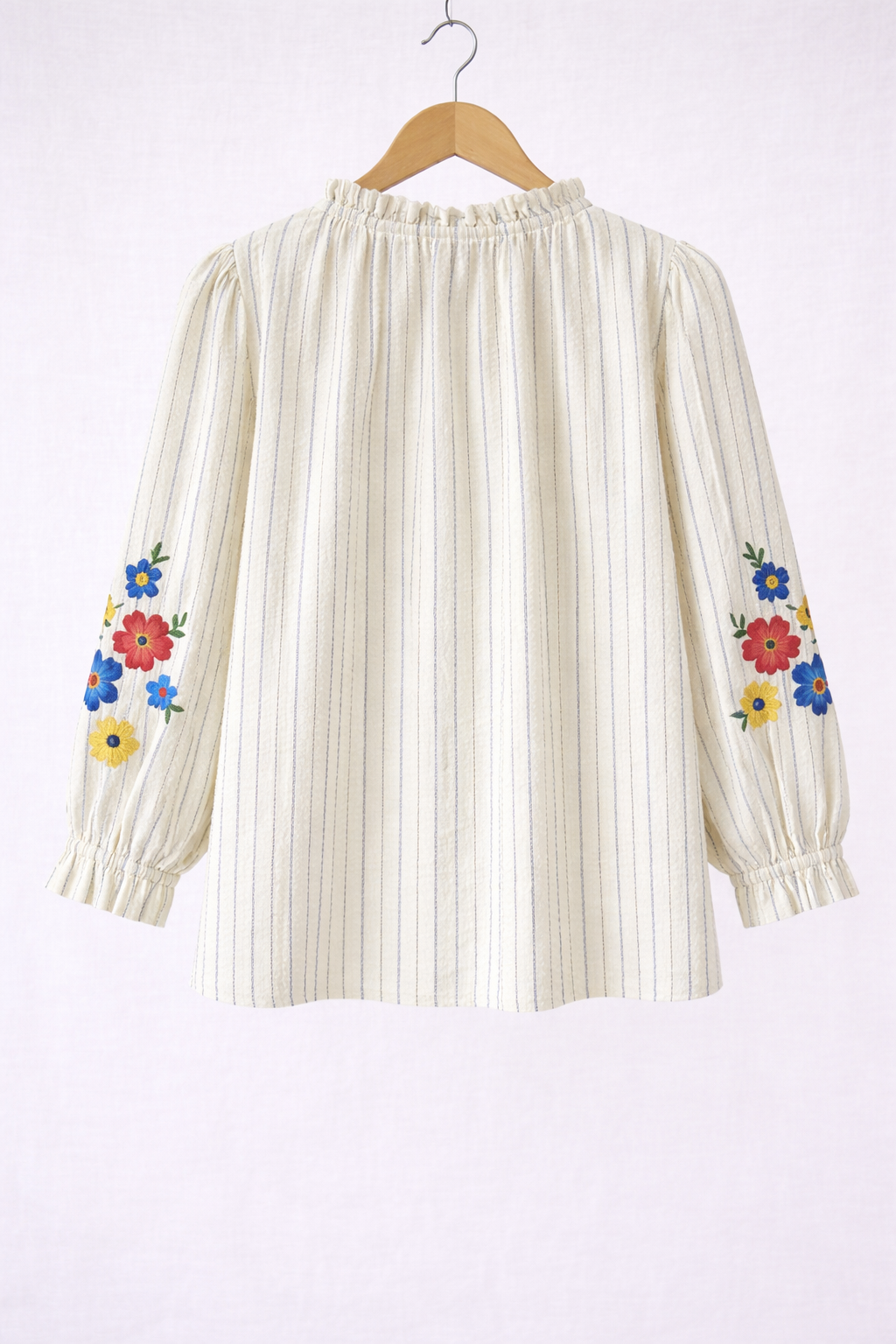 vue de dos Blouse femme Flora rayures broderies florales multicolores col froncé 100% coton - It Hippie
