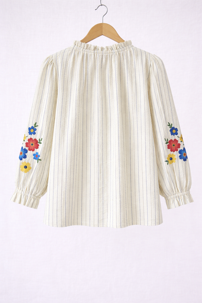 vue de dos Blouse femme Flora rayures broderies florales multicolores col froncé 100% coton - It Hippie
