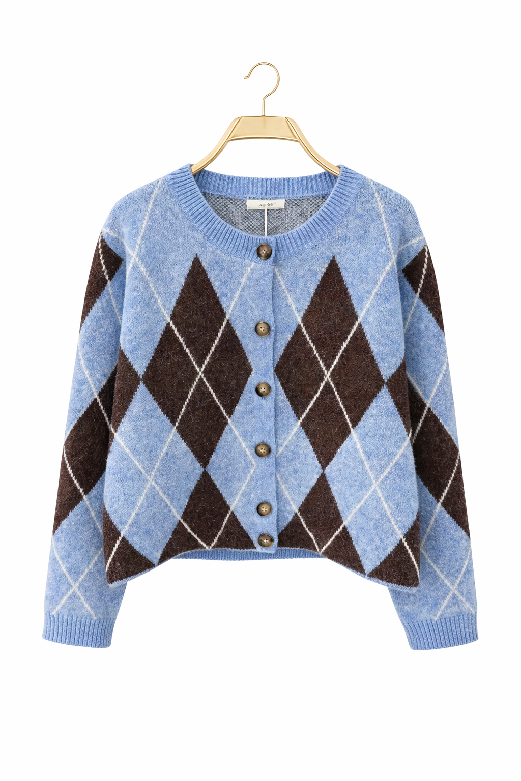 vue face Gilet femme Marceline jacquard losange bleu ciel marron vintage collège - It Hippie
