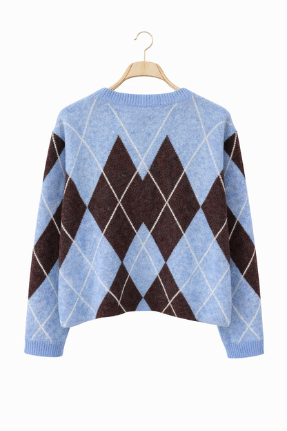 vue dosGilet femme Marceline jacquard losange bleu ciel marron vintage collège - It Hippie
