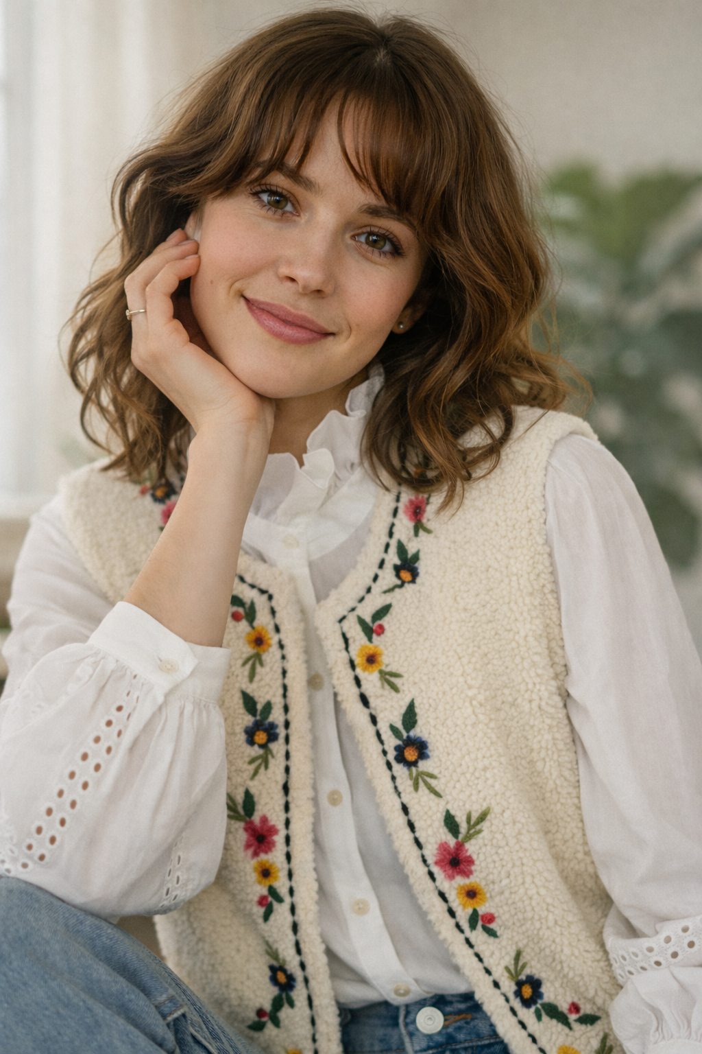 autre vue portée gilet femme Garance sans manche sherpa crème broderies florales multicolores bohème chic It Hippie