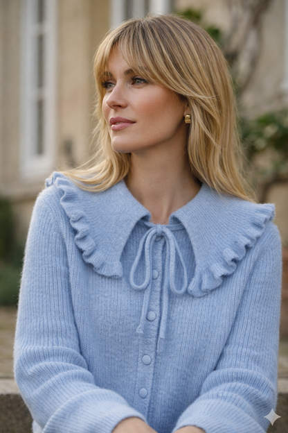 autre vue portée Gilet Léonie bleu style bohème chic mi-saison
