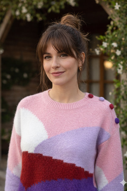 autre vue portée Pull Louison tricolore  style bohème chic graphique
