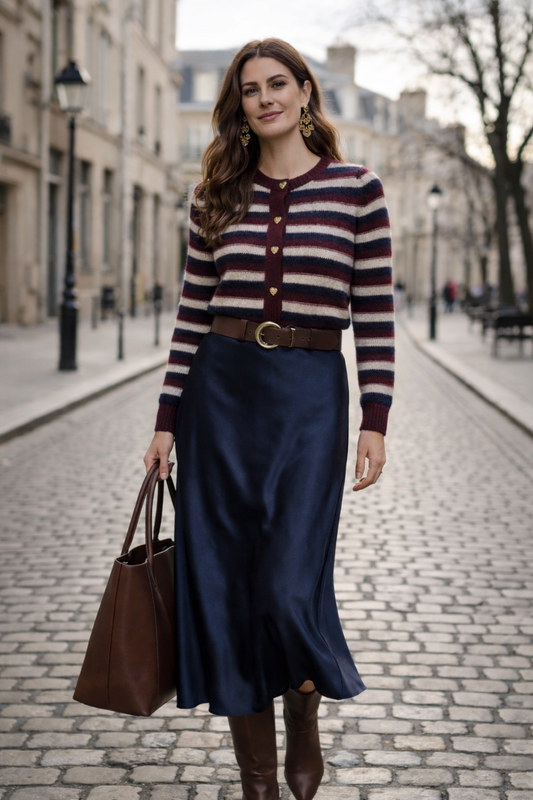 Jupe longue Salomé satin bleu marine portée avec pull crème - coupe fluide élégante - An'ge
