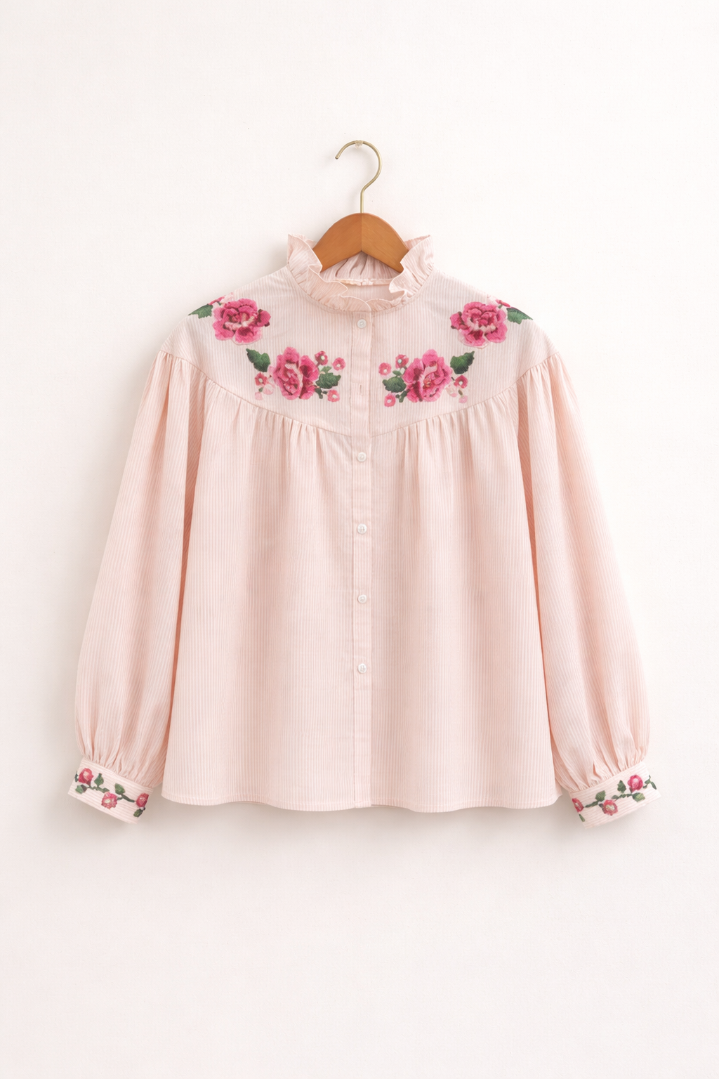 Blouse Mérédith rose à rayures et fleurs brodées - 100% coton - It Hippie
